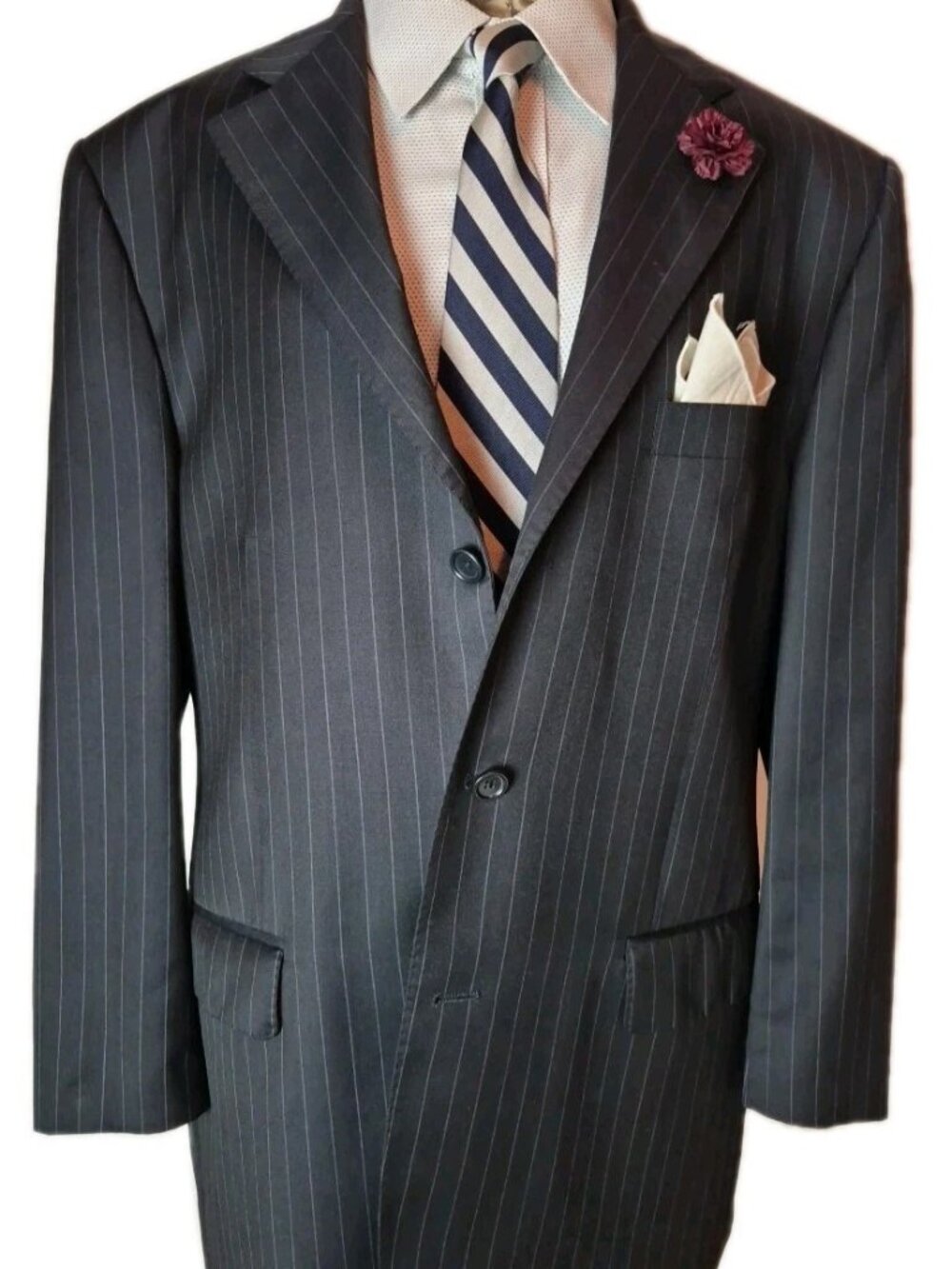 Zegna Mens Navy Classic Pinstripe Wool Suit Jacket Single-Breasted Italy 46